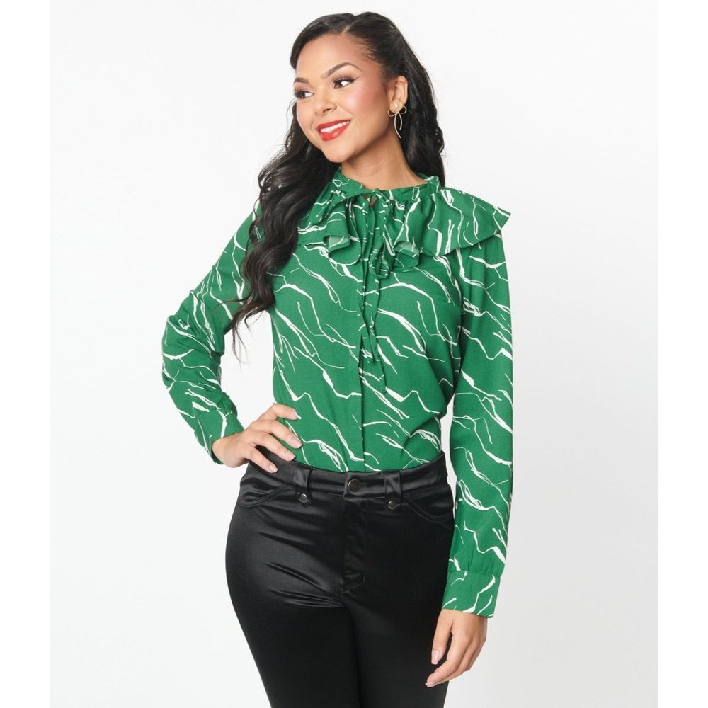 Timeless London Unique Vintage Green Abstract Stripe Ruffle Collar Shirt US 4